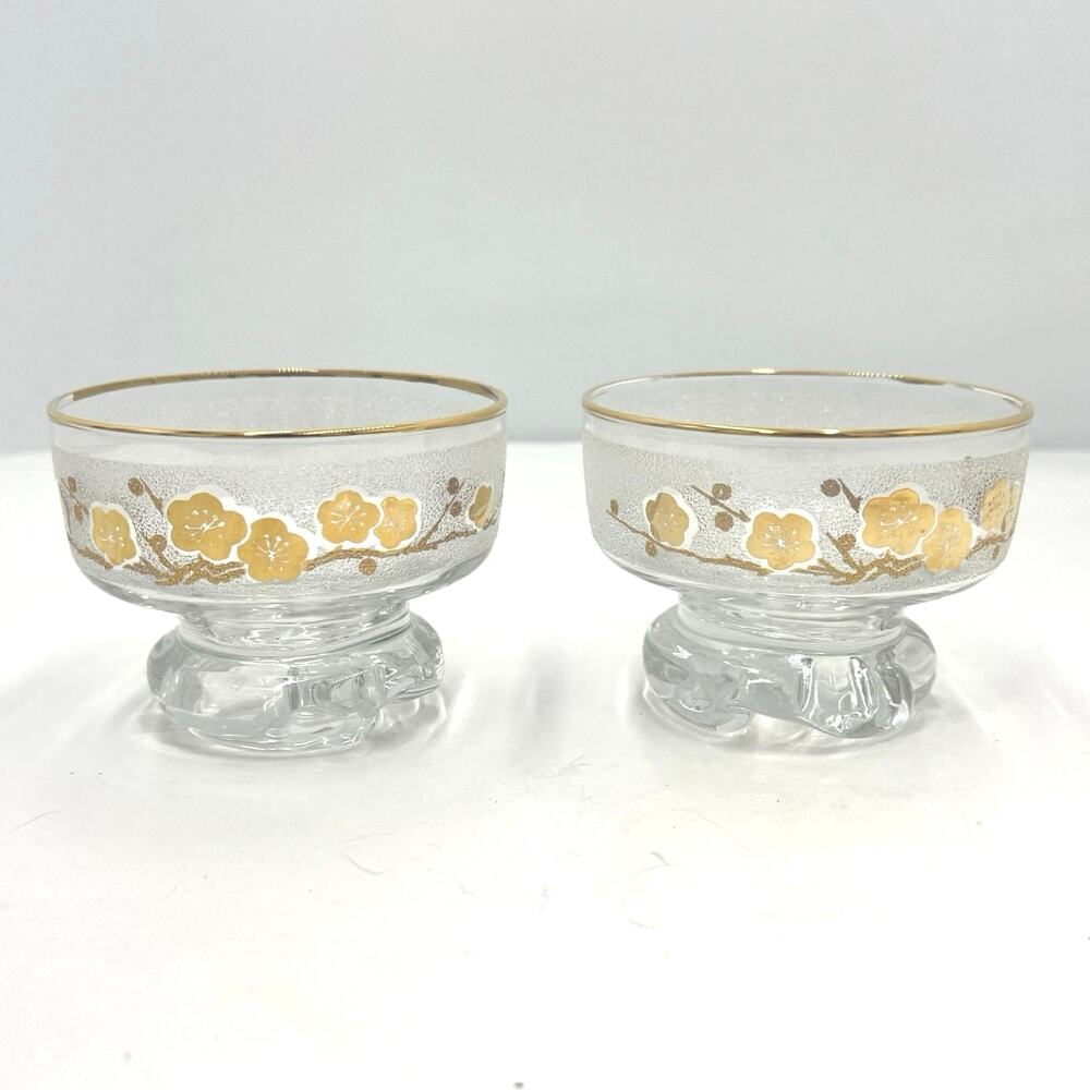 Floral Gold Leaf Etched Footed Lowball Glassware Retro Mid-Century Set of 2